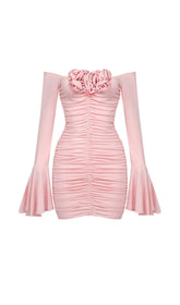 FLOWER-EMBELLISHED RUCHED MINI DRESS IN COTTON CANDY